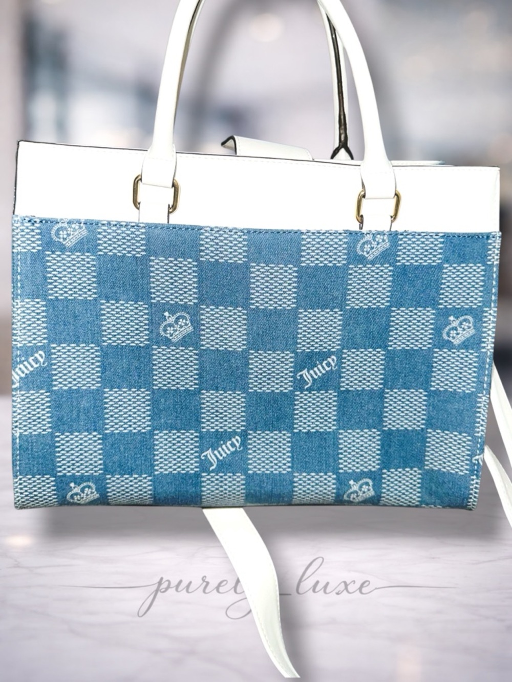 Juicy Couture denim Checkered Tote with White Trim and Gold Hardware - Picture 2 of 4
